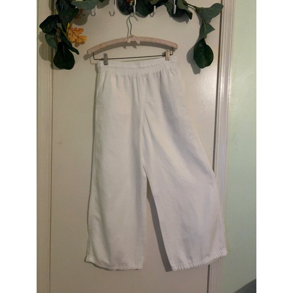 New Look White LINEN and VISCOSE Blend Wide Leg Pants Size US 4 UK 8 Elastic Wai - Picture 2 of 10